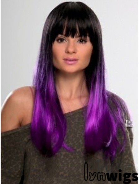 Sassy Ombre/2 Tone Long Straight With Bangs 22 inch Human Lace Wigs