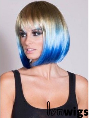 Discount Ombre/2 Tone Short Straight With Bangs 14 inch Human Lace Wigs