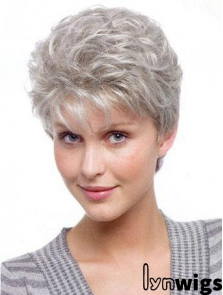 Durable Wigs For Elderly Lady With Synthetic Grey Cut Wavy Style