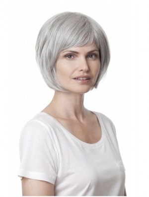 Synthetic Soft Chin Length Straight Grey Wigs